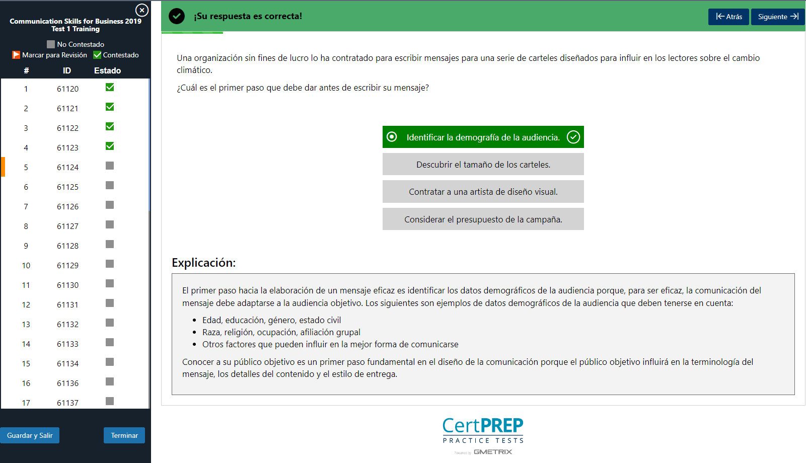 Exemple simulador examen certificat CSB - Professional Communications amb G-Metrix