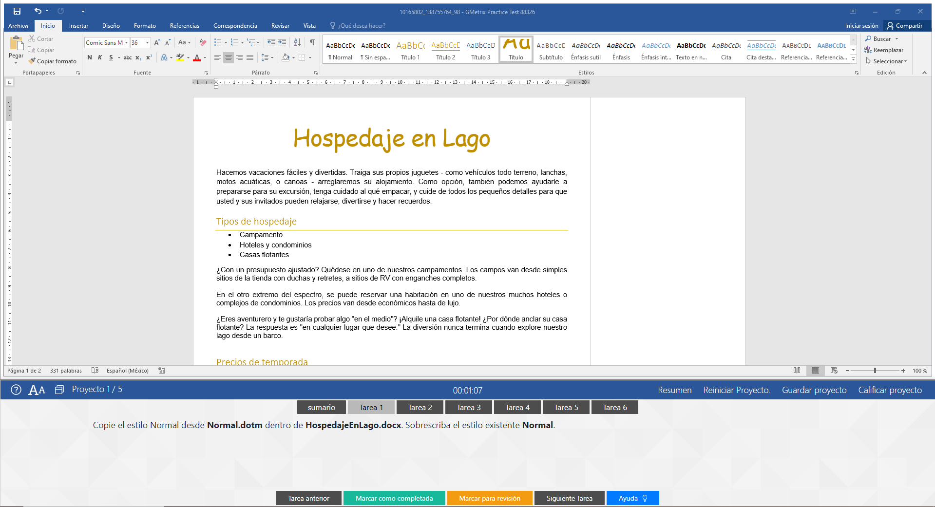 Ejemplo simulador examen certificado Microsoft Word EXPERTO con G-Metrix